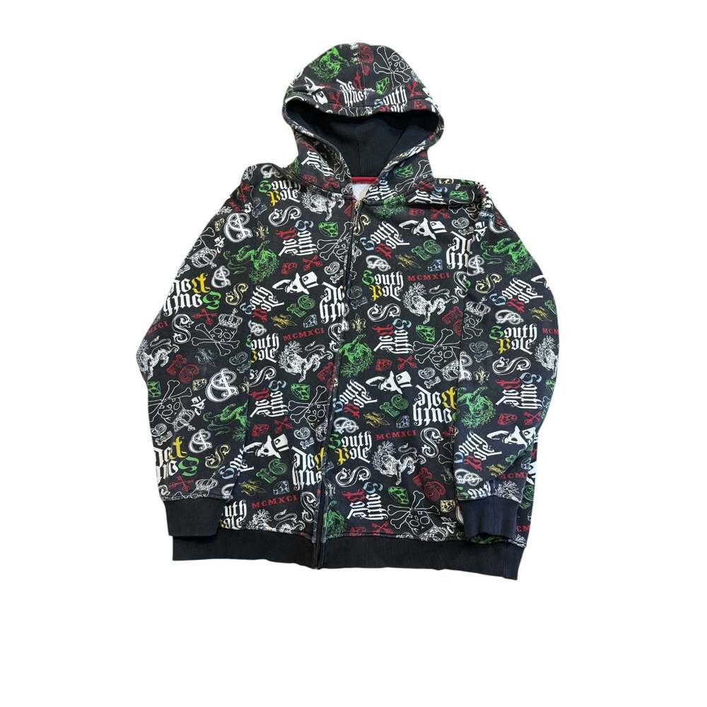 Southpole Y2K All-Over Print Logo Graphic Zip-Up Hoodie